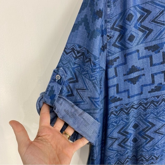 Philosophy Tencel Aztec Print Chambray Popover Mini Dress Denim Size Large (NWT) - Picture 3 of 5